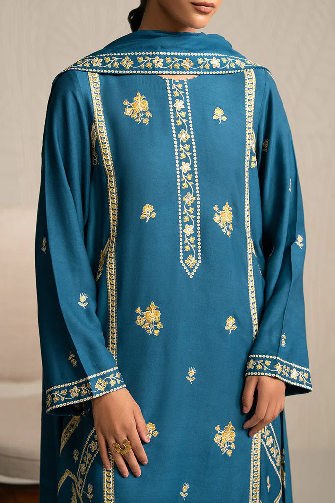 MYSTIC TEAL-3PC (SHIRT, TROUSER & DUPATTA) | EXCLUSIVE PRET | Cross Stitch