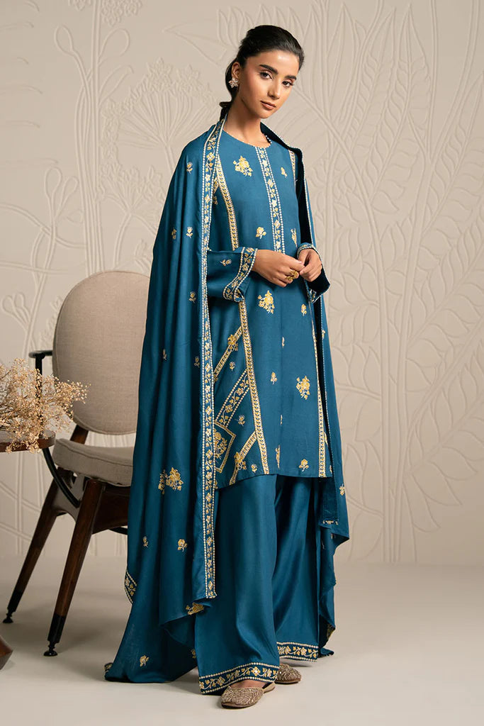 MYSTIC TEAL-3PC (SHIRT, TROUSER & DUPATTA) | EXCLUSIVE PRET | Cross Stitch